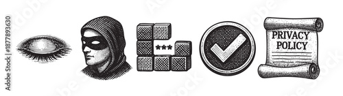 Conceptual illustration symbolizing a privacy breach, featuring an eye, a masked hacker, password cubes, a checkmark, and a privacy policy document in black and white.
