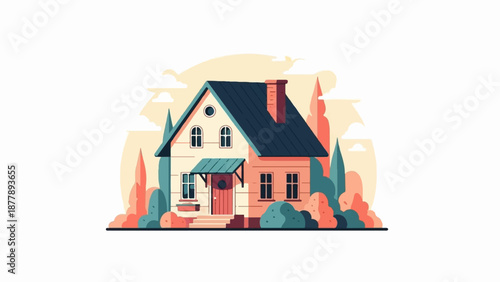 Charming, illustrated house with a dark roof, chimney, and surrounding stylized trees and clouds