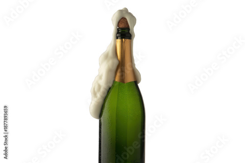 Champagne bottle with cork popping and foam green gold isolated on a transparent background