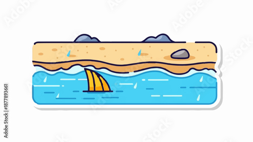Cartoon illustration of a sandy beach with ocean waves and a shark fin