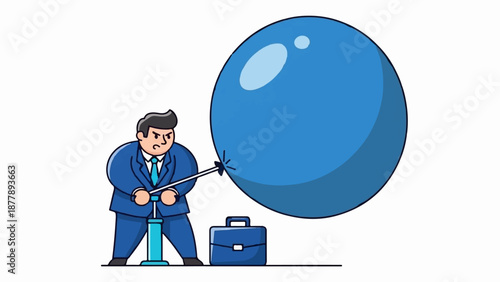 Businessman pumps a large blue balloon, determined expression, briefcase nearby