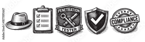 Black and white illustration depicts cybersecurity themes: a checklist, penetration testing, cyber security, and compliance, making it suitable for security reports.