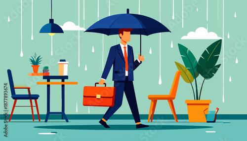 Businessman walks with umbrella in office cafe during rain