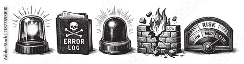 Black and white illustration of cybersecurity threats, data breach, and vulnerabilities showing alerts, error logs, breaking walls and risk meters, signifying system errors.