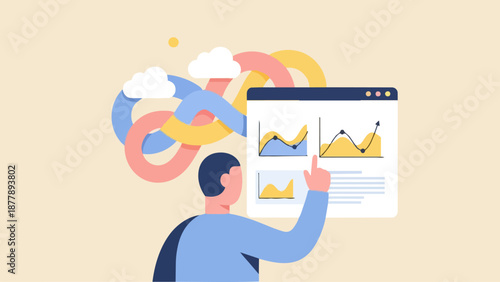 Man analyzing data on a screen with abstract elements.