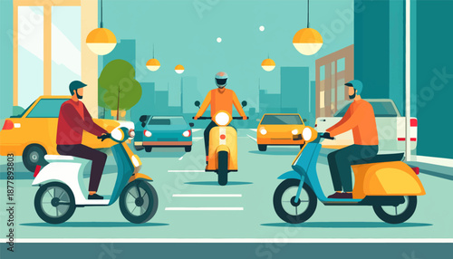 Busy city street with people riding scooters and driving cars