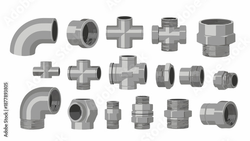 Assortment of metal plumbing fittings including elbows, tees, crosses, and connectors, shown in gray tones on a white background
