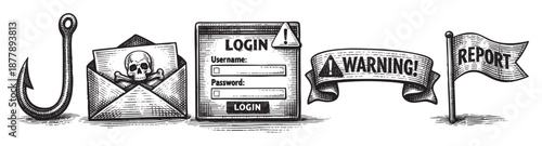 A stark black and white illustration depicts phishing dangers through symbols: a hook, skull email, login screen, warning, and report flag, highlighting cyber security and scams.