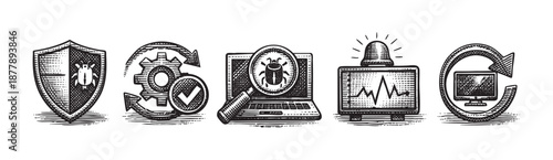 Hand-drawn cybersecurity icons illustrate various concepts, including virus protection, threat detection, system optimization, monitoring and updating, symbolizing the importance of online security.