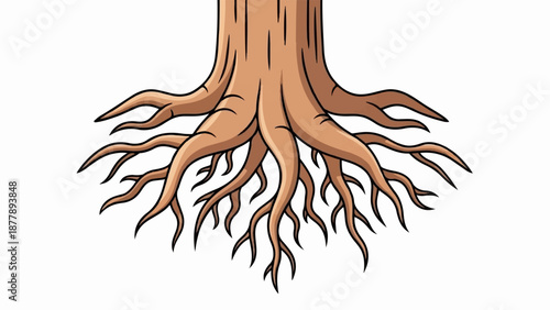 Cartoon image of a tree trunk's base and its complex root system spreading outwards