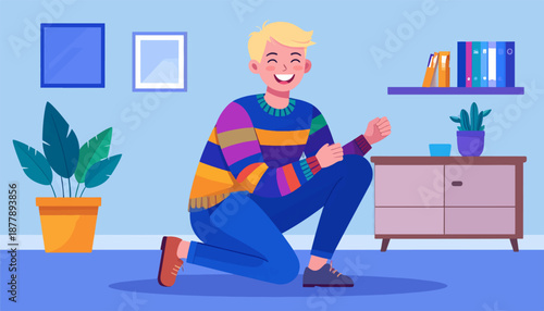 Cheerful blond person in a colorful striped sweater kneels in a room with plants and books
