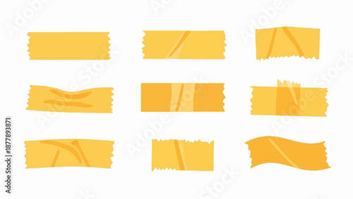 Assortment of varied yellow adhesive tape strips with torn edges and folds