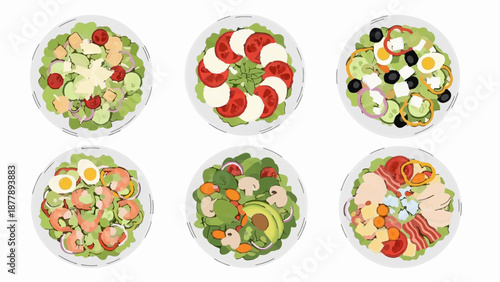 Assortment of six diverse, vibrantly illustrated salads from a top-down perspective