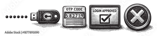Stylized black and white line drawing depicting a secure authentication process: USB key, OTP code, Login Approved, and final rejection.