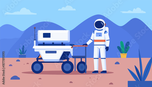 Astronaut and rover exploring a barren alien landscape under a blue sky
