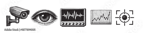 Illustration shows security camera, eye, screen with waveform, chart and target, conveying themes of data monitoring, security, surveillance, financial tracking, and technology trends.