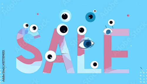 Cartoon letters spell SALE, covered in whimsical eyes and playful blobs on a blue background