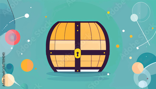 Cartoon locked wooden chest with abstract colorful circles and lines on a teal background