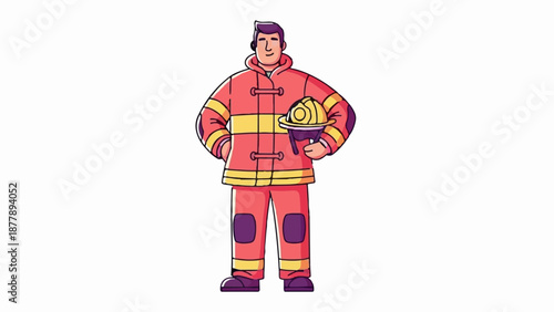 Cartoon man in a firefighter uniform, holding a helmet