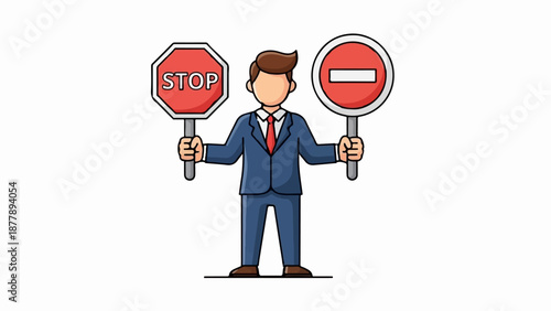 Cartoon man in a suit holding stop and do not enter signs