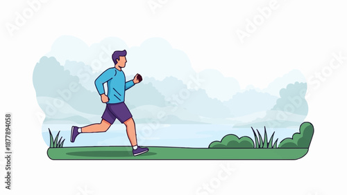 Athletic man running outdoors in a park with green grass and fluffy clouds