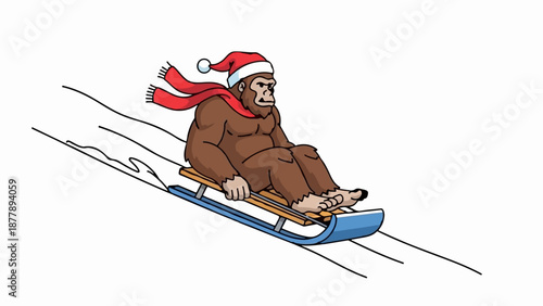 Cartoon ape in Santa hat and scarf sledding downhill with speed lines