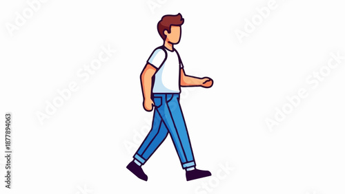 Cartoon man in a white t-shirt and blue jeans walks with a casual stride