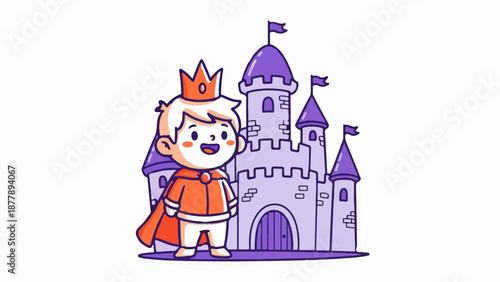 Cheerful cartoon prince with crown and cape stands before a whimsical purple castle