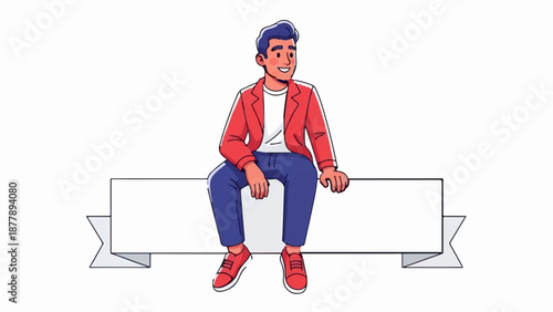Cheerful cartoon man in red jacket and blue pants sitting on a blank banner