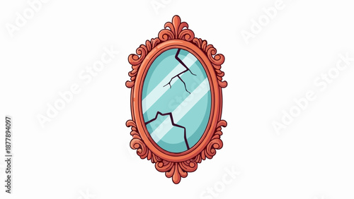 An oval, ornate, red-framed mirror with a cracked, blue-tinted glass surface