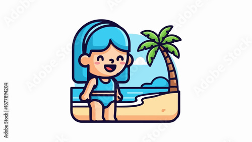 Cheerful child in swimsuit on a sandy beach with a palm tree and ocean