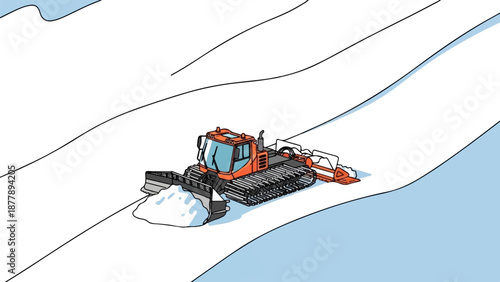 An orange snow groomer with tracks and a plow is shown on a snowy slope