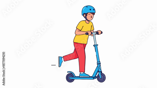Cheerful child rides a blue scooter, wearing a yellow shirt and helmet