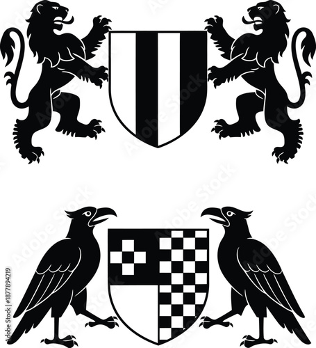 Mythical creatures and a majestic lion silhouette illustrations on white background