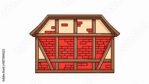 Cartoon of a half-timbered building facade with exposed red brickwork and light-colored infill