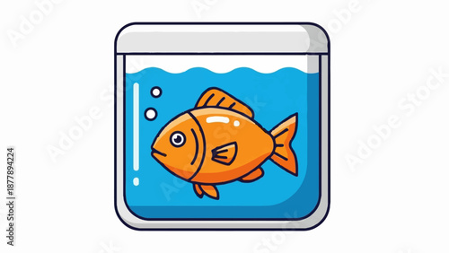 An orange fish swims in a blue aquarium filled with water and bubbles