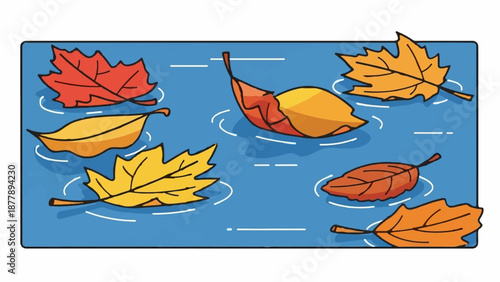 Autumn leaves float on blue water, depicted in a simple cartoon style with orange and yellow hues