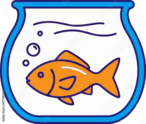 An orange fish swims in a blue-trimmed fishbowl with bubbles and wavy lines