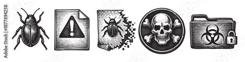 Black and white vector illustration featuring a bug, warning, skull, and biohazard icons. Represents digital threats, viruses, and data breaches with a vintage aesthetic.