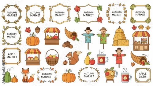 Autumn market illustrations festive frames, produce stalls, scarecrows, and seasonal treats