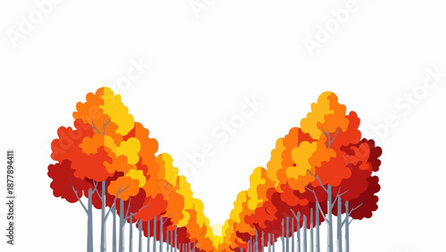 Autumn trees line a path, with vibrant red, orange, and yellow foliage against a white background