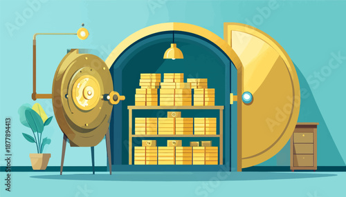 An open vault filled with stacks of gold bars under a warm lamp