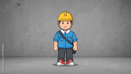 Cartoon person wearing a yellow hard hat and blue shirt, stands against a textured gray wall