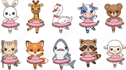 Cute animal ballerina character set wearing pink tutus performing ballet dance poses in adorable flat vector illustration