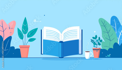 An open book sits on a table surrounded by plants and a steaming cup of coffee