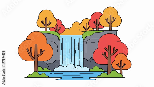 Autumnal cascade framed by colorful trees and rocks, with a calm body of water