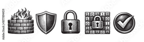 Illustration featuring a firewall, shield, locks, binary code, and checkmark icons, symbolizing security, protection, and confirmation in black and white art.