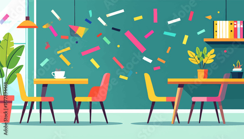 Bright cafe interior with scattered confetti, plants, and cozy seating