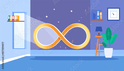 An office space with an illuminated infinity symbol and interior decor