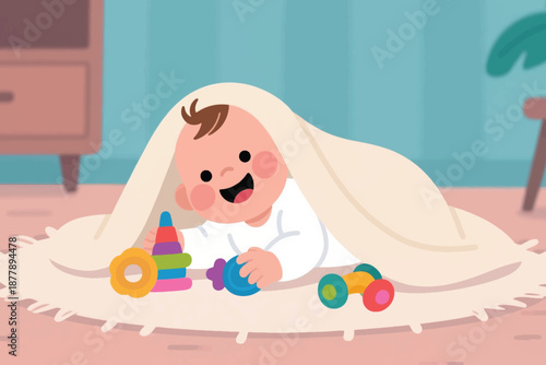 Illustration Of A Small Child Hiding In A Blanket Playing A Game Vector Design Template